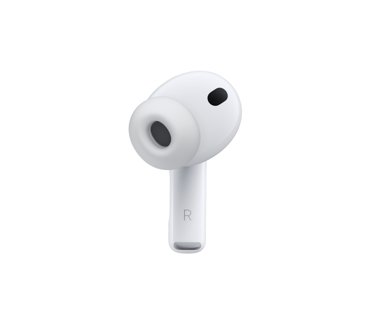 AirPods Pro 3, white colour, noise-cancelling microphone, silicone tip, short stem features letter R