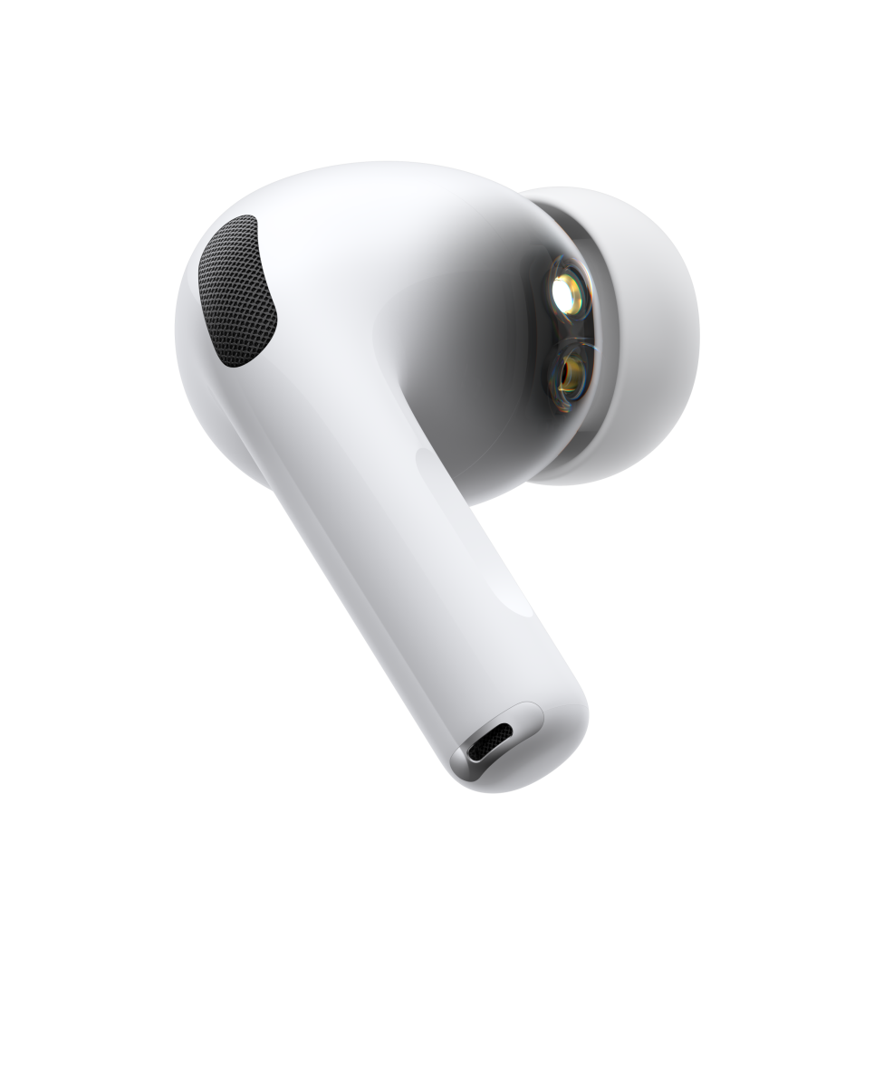 AirPods Pro 3, wireless headphone, white colour, side exterior, short tubular stem, noise-cancelling microphone, silicone tip, pulsating wave