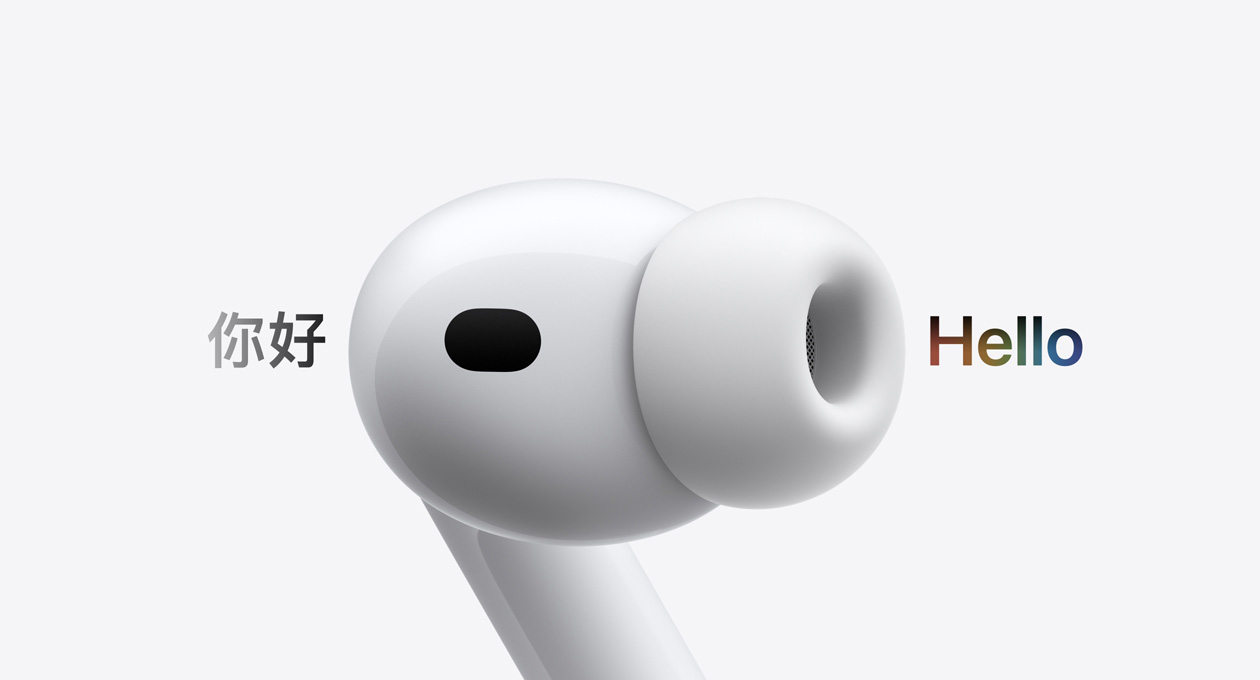 AirPods Pro 3, earbud with silicone tip, Live Translation changes Spanish characters reading 'hola' to English text reading 'hello'
