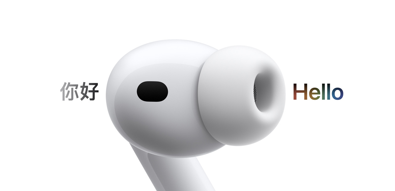 AirPods Pro 3, earbud with silicone tip, Live Translation changes Spanish characters reading 'hola' to English text reading 'hello'
