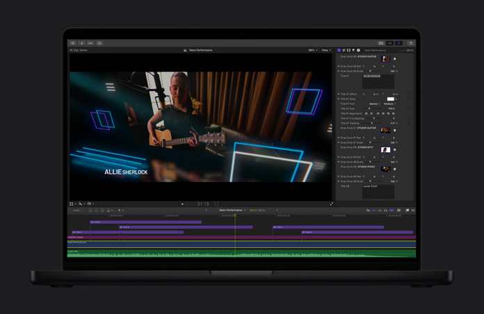 MacBook Pro 16 screen, Final Cut Pro, monarch butterfly flying through a field, purple flowers and trees in the background