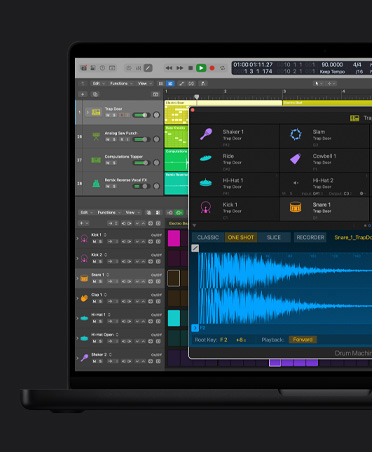 iPad Pro 13 screen, Logic Pro beat-making tools, colourful grid of live loops and phrases