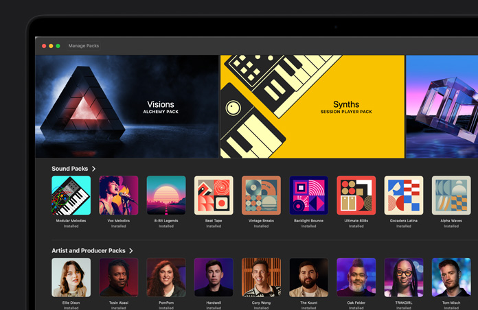 MacBook Pro 16 screen, Logic Pro Sound Library, Synths Session Player Pack, Visions Alchemy Pack, Dancefloor Rush Drum and Bass Pack, row of Sound Packs, row of Artist and Producer Packs, row of Instrument packs