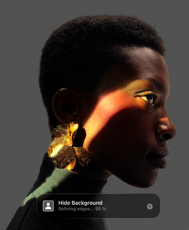 Pixelmator Pro interface with image of a person’s profile, Background Removal tool