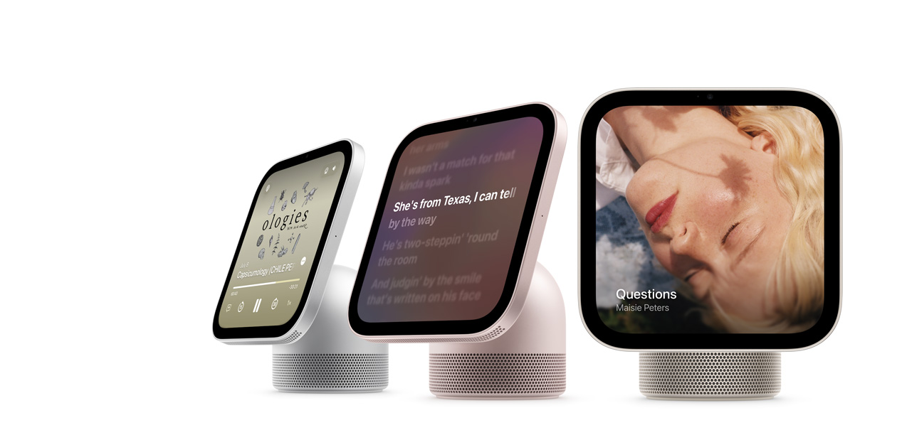 Apple HomeView devices in different colors, showing Apple Music app album artwork and lyrics