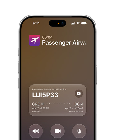 iPhone 17 Pro Silver displaying Call Context feature powered by Apple Intelligence. Front screen shows airline confirmation details while on a call.