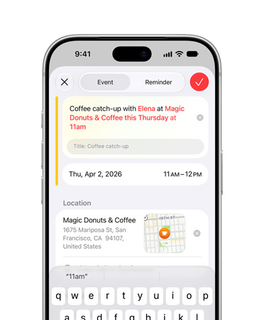 iPhone 17 Pro Silver, screen showing Apple Intelligence creating a Calendar event based on description provided by user