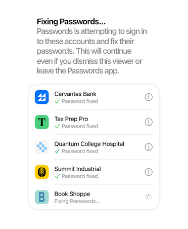 Screen showing password fix feature for five passwords with examples of status, including security upgraded and signing in