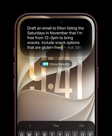 iPhone 17 Pro, Deep Blue, front screen, displaying a Siri AI query about the houseplant mentioned in a Messages conversation
