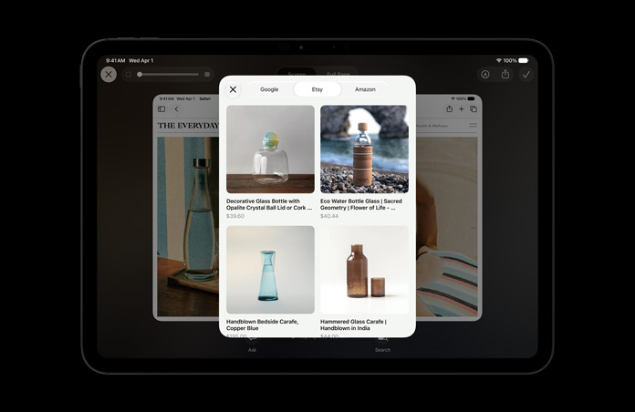 iPad Pro 11-inch, Space Black, screen shows image of products in response to Visual Intelligence onscreen query about glass bottles, Ask or Image Search buttons displayed under images