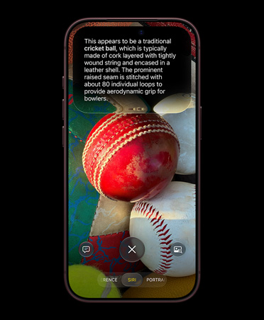 iPhone 17 Pro, Deep Blue, displaying Siri mode in Camera app with a photo of cricket balls and Siri AI response sharing detailed information about cricket balls