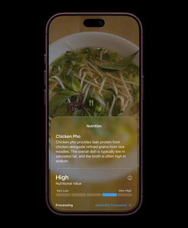 iPhone 17 Pro, Deep Blue, front screen, displays in Siri mode in Camera interface, showing nutrition facts about a food item identified with Visual Intelligence, screen shows detailed information about chicken phở, including common ingredients and nutrition information