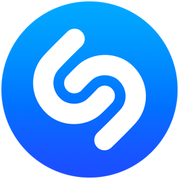 Blue and white circular Shazam logo with concentric circles radiating outwards from logo