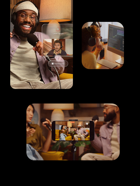 Three scenes of podcasters at work, above left, a smiling podcaster wearing headphones and holding a microphone, a second podcaster appears on a recorded screen, above right, a person wearing headphones editing podcast audio in the Logic Pro app, below, iPhone, front exterior, on a tripod, recording two podcasters seated in orange chairs, facing each other in a warmly lit space