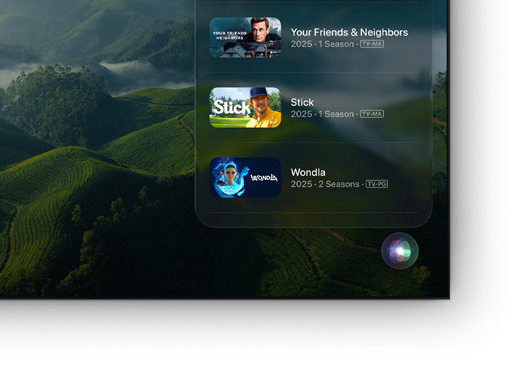 Et fladskærms-TV, der viser en liste over film og serier fra Apple TV