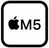 Quadratische Grafik mit gerundeten Ecken, innen ein Apple Logo neben dem Text „M5“