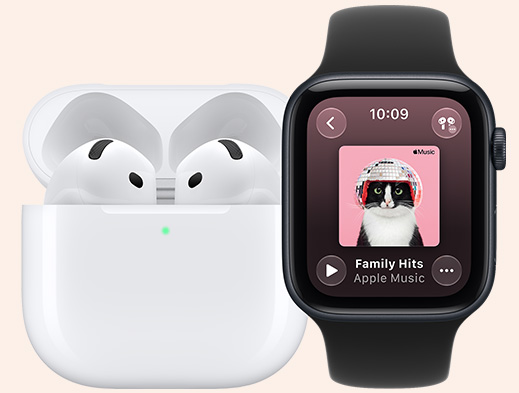 AirPods in MagSafe Charging Case, open, rounded corners, green charge indicator light, Apple Watch SE 3, aluminium case, midnight colour, Apple Music app, playlist cover art, Sport Band, black colour