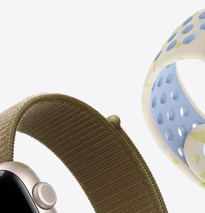 Apple Watch SE 3, aluminium case, starlight colour, Sport Loop strap, olive colour (earthy green), Nike Sport Band, chalk calm colour, (cream colour outward-facing, pale blue skin side, subtle pattern of yellow-green shapes)