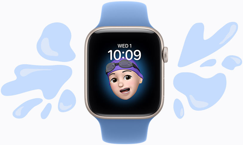 Apple Watch SE 3, aluminium case, starlight colour, Memoji watch face, illustrated water splashes off water‑resistant device, Sport Band, wildflower blue colour