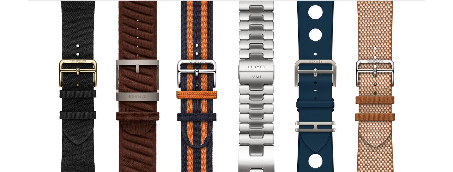 Six Apple Watch Hermès straps in varying styles and colours