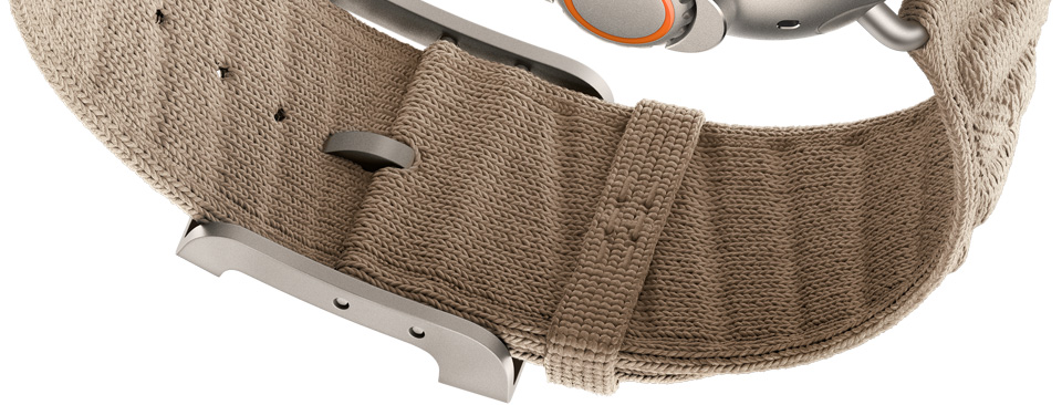 Apple Watch Hermès Ultra 4 En Mer strap, Argile colour (tan), underside of clasp detail, textured knitted material
