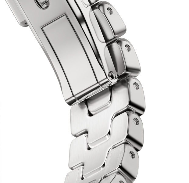 Apple Watch Hermès Series 12 Grand H strap detail, satiné colour, quick-release metal buckle