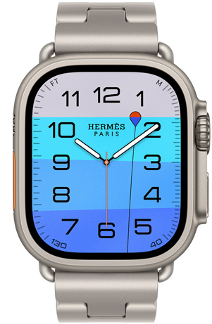 Apple Watch Hermès Ultra 4, Fathom and Wonder analogue watch face (hour, minute and second hands, Depth complication, with an orange buoy floating on top of a turquoise sea with a gradient from light to dark blue), titanium case, natural colour, right side exterior, Digital Crown, raised side button, paired with Grand H Titane strap, Gris Titane colour