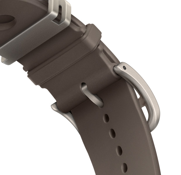 Apple Watch Hermès Ultra 4 Scub'H Diving strap, Gris Titane colour (grey), underside of clasp detail, smooth moulded rubber material, circular cutouts centred
