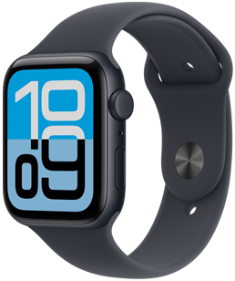 Apple Watch SE 3, carcasă din aluminiu, culoare Miezul nopții, cadran Flux, partea exterioară dreaptă, Digital Crown, microfon, buton lateral, curea Sport Miezul nopții, închizătoare argintie de tip capsă