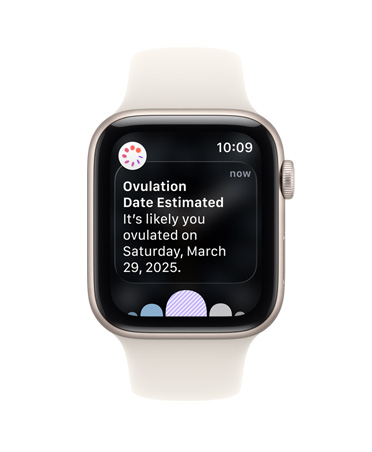 Apple Watch SE 3, carcasă din aluminiu, culoare Strălucire stelară, notificare de estimare a datei ovulației din Urmărire ciclu în aplicația Sănătate, Digital Crown, curea Sport, culoare Strălucire stelară