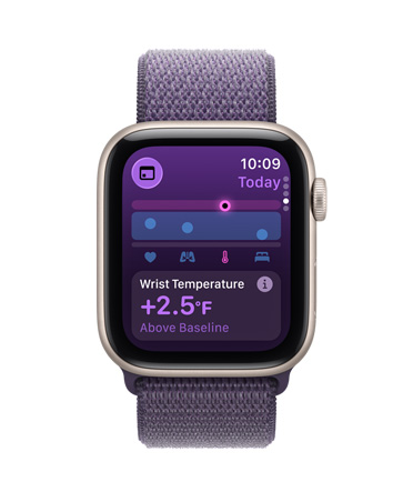 Apple Watch SE 3, aluminium case, starlight colour, Vitals app, health score chart, overnight vitals outliers notification, right side exterior, Digital Crown, Sport Loop, purple fog colour