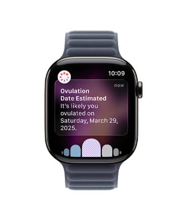 Apple Watch Series 11, цвят шистово сиво, титанов корпус, известие за прогнозна дата на овулация от Проследяване на цикъла в Здраве, Digital Crown, каишка, Magnetic Link, тъмносиньо