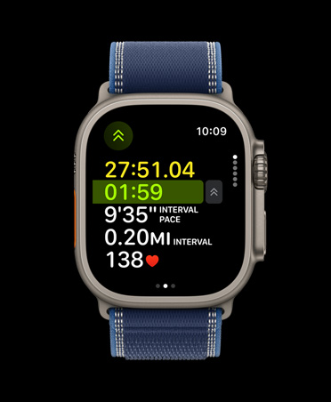 Apple Watch Ultra 3, natural colour, titanium case, advanced Outdoor Run workout metrics, strap, Trail Loop, blue bright blue colour