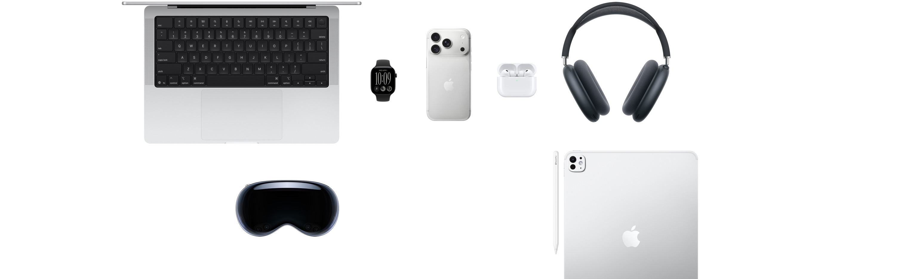Various Apple products, including a MacBook Pro, an Apple Watch Series 12, an iPhone 18 Pro, AirPods Pro 3 and AirPods Max