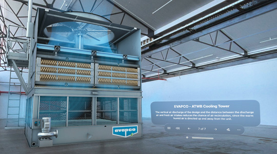 A 3D projection of an EVAPCO Cooling Tower in an industrial space, with controls to flip through information about the tower