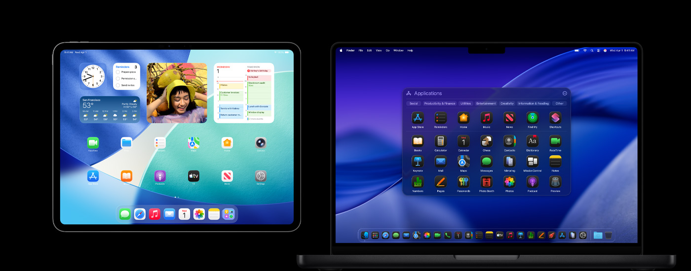 An iPad and a Mac displaying various app icons. The iPad shows several widgets, including Calendar, Weather and Photos. In background of Mac is macOS Tahoe.