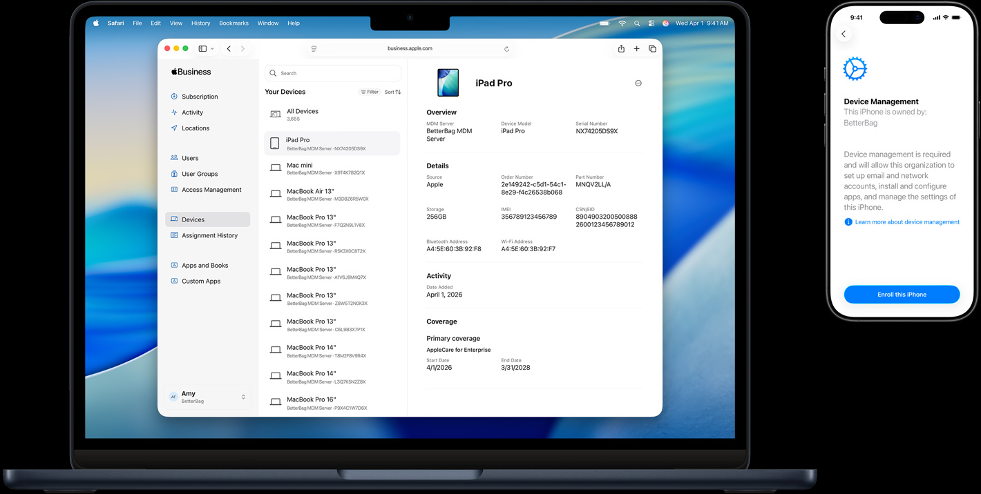 MacBook and iPhone, MacBook screen shows Apple Business Essentials, iPhone screen shows Device Management within Setup