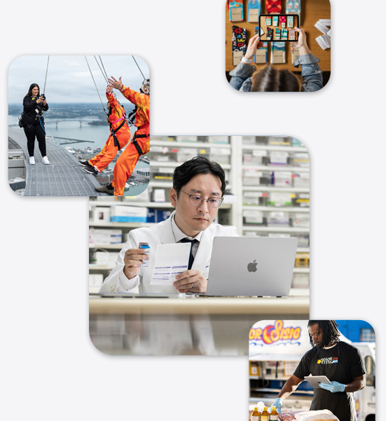 Various small businesses, including a pharmacist in a lab coat interacting with a MacBook, a bungee jumping instructor taking an iPhone photo of two people about to bungee jump, and a man holding an iPad while interacting with food items.