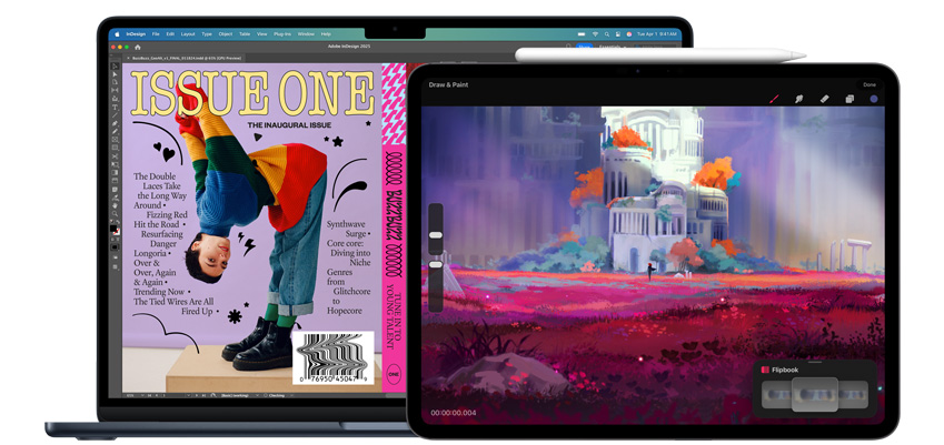 Apps de diseño en una MacBook y en un iPad, con un Apple Pencil Pro al lado del iPad.