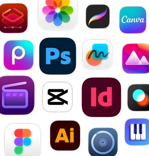 An array of creativity app icons, including Adobe Illustrator, Canva, CapCut and Figma