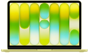 MacBook Neo, open, displaying colourful gradient background with vertical stripes in shades of green, yellow and blue.