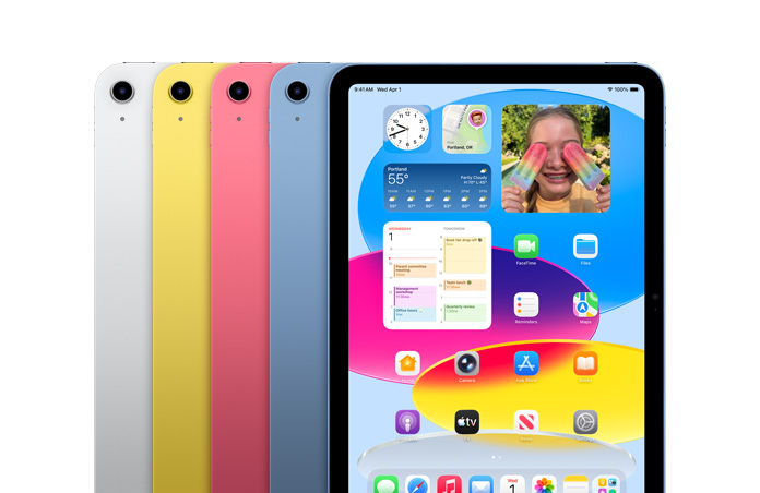 Cuatro dispositivos iPad de distintos colores en fila: color plata, amarillo, rosado y azul. Una pantalla muestra un fondo de pantalla y varias apps.