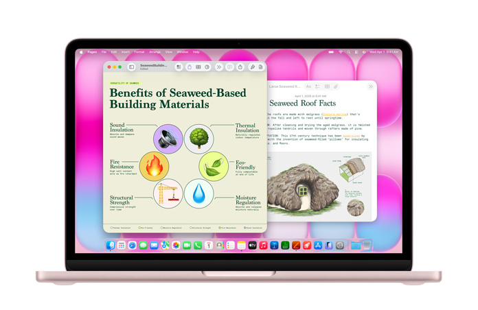 MacBook Neo con las apps Pages y Notas abiertas en las que se muestran presentaciones sobre techos de algas, para destacar el rendimiento
