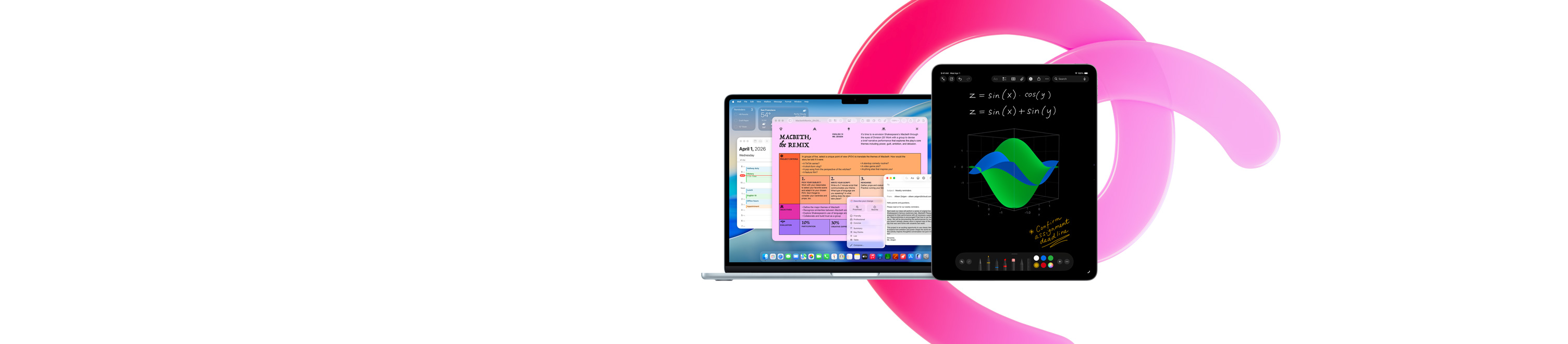 Un MacBook Air con las apps Pages, Calendario, Alerta y Mail en pantalla junto a un iPad que muestra ecuaciones escritas a mano en Notas Matemáticas, se destaca la productividad con las apps integradas