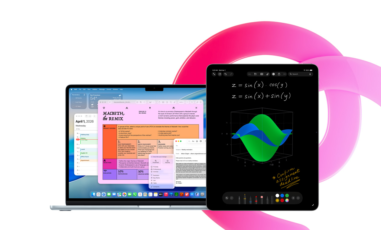 MacBook Air shows Pages, Calendar Alert, and Mail alongside an iPad that shows handwritten equations in Maths Notes, demonstrating productivity with built-in apps