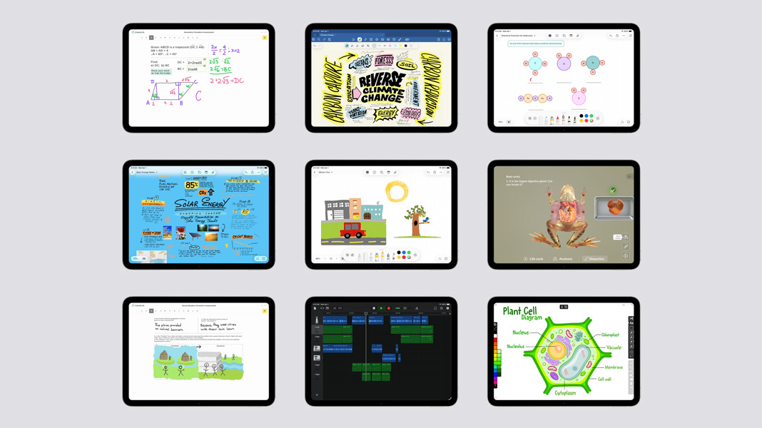 Ein 3 x 3 Raster mit iPad Geräten, auf denen verschiedene Bildungsinhalte angezeigt werden, darunter handgeschriebene Matheaufgaben, ein Lehrplan für Solarenergie, die Anatomie eines Froschs, ein Stundenplan und die Struktur einer Pflanzenzelle.