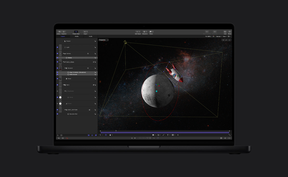 MacBook Pro 16, stylised image of rocket orbiting moon demonstrating motion simulation