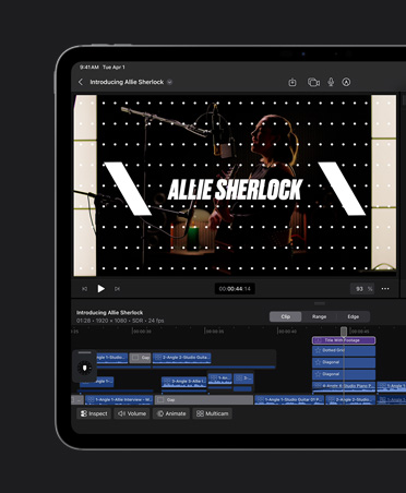 iPad Pro 13, Music video edit with titles superimposed on image, tools for choosing fonts colours and layout, title reads Allie Sherlock