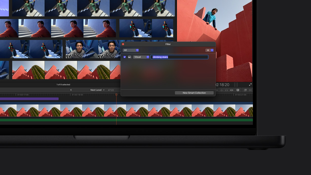 MacBook Pro 16 screen, Demo of Visual Search finding all images of a man or woman climbing stairs