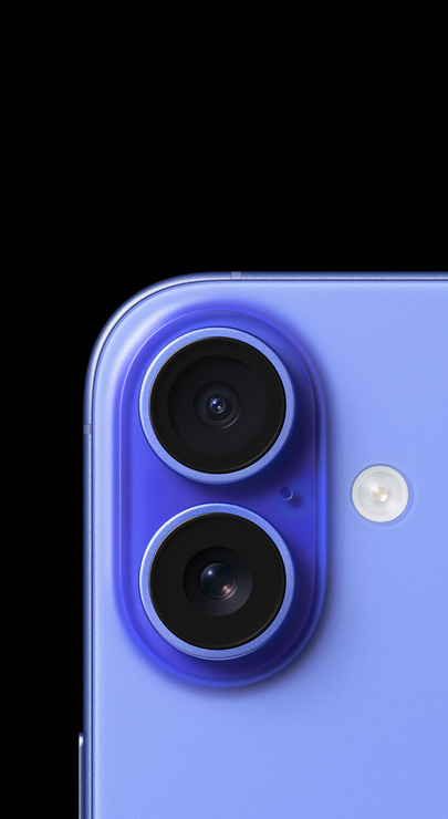 The left corner of an iPhone in Ultramarine with two camera lenses stacked vertically on the back of the phone